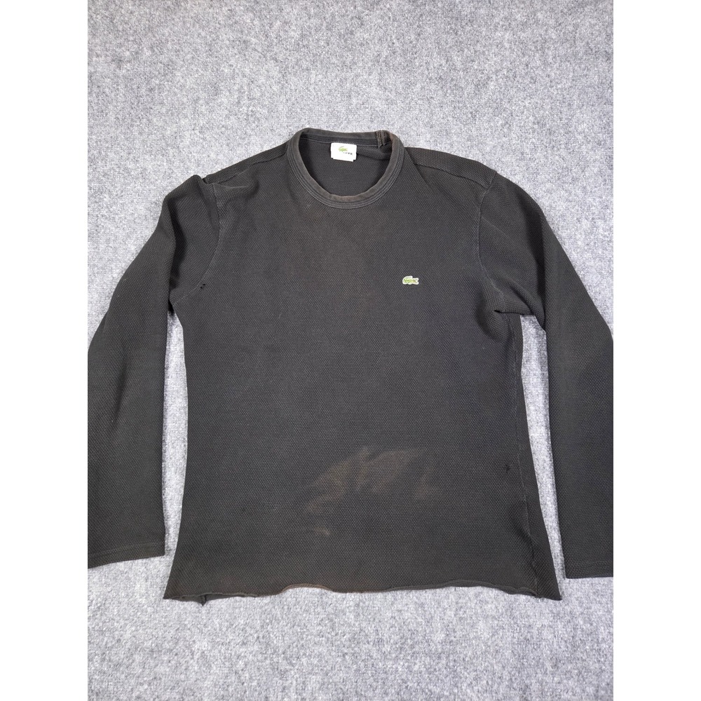Lacoste Thermal Shirt Mens 6 L Black Slim Fit Long Sleeve Waffle Knit Distressed